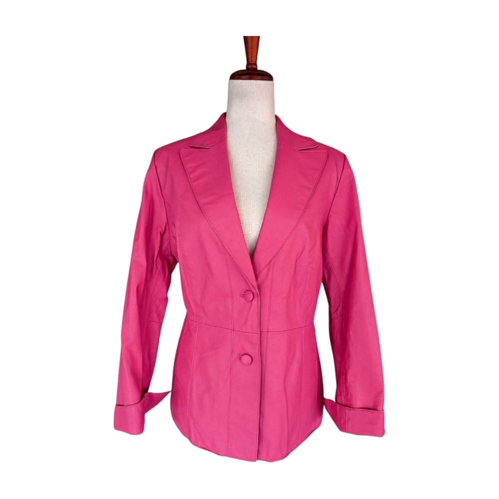Pamela McCoy Pink Fitted Notched Lapel Leather Jacket Size Medium